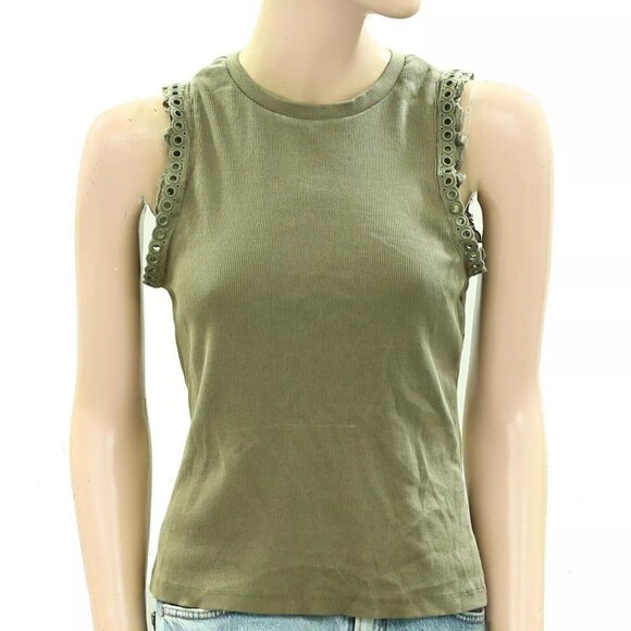 Maeve Anthropologie Eyelet-Trim Crop Tank Blouse Top Embroidered Ribbed XS - Picture 6 of 8